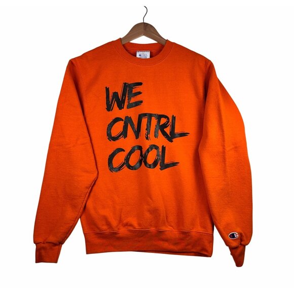 VTG. Champion Eco Authentic Orange Sweatshirt Sz S “WE CNTRL COOL” Graphic Retro - Picture 1 of 9